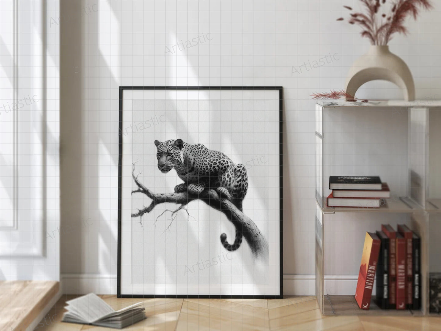 charcoal drawing of a leopard decor