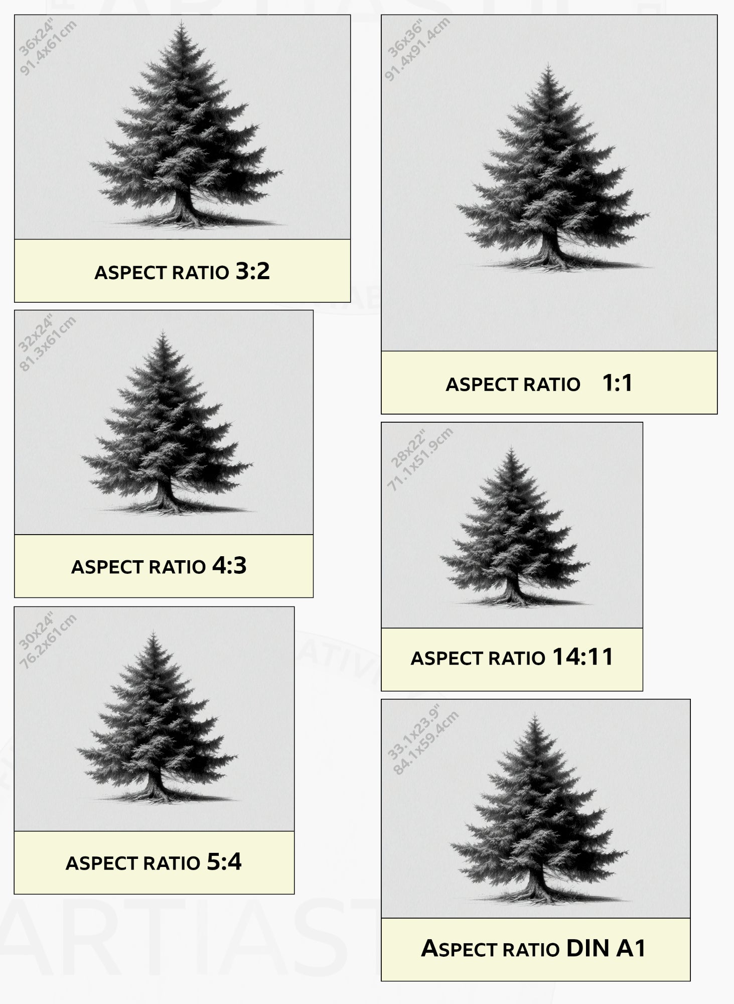 printable wall art of a spruce tree ratios