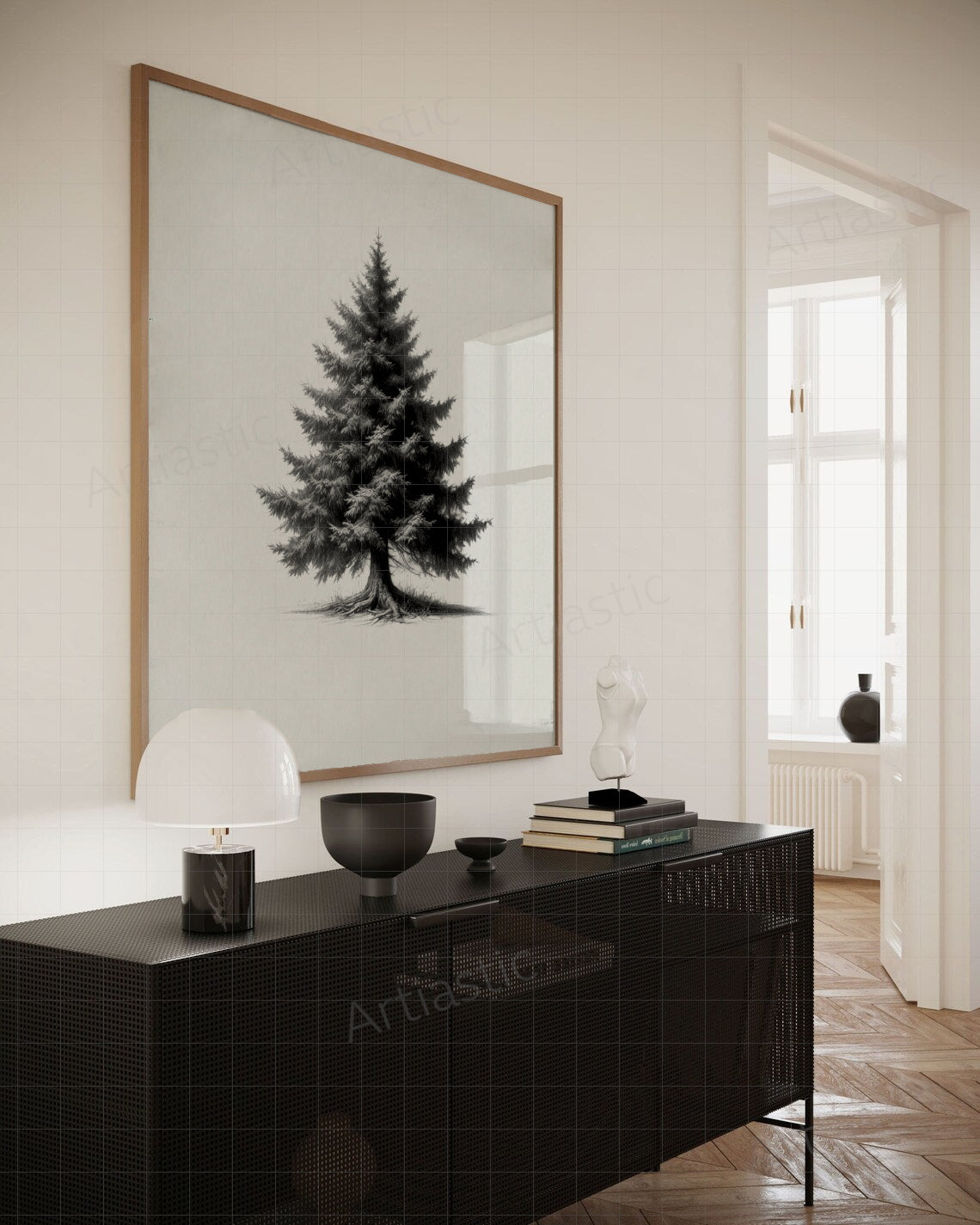 printable wall art of a spruce tree framed drawing