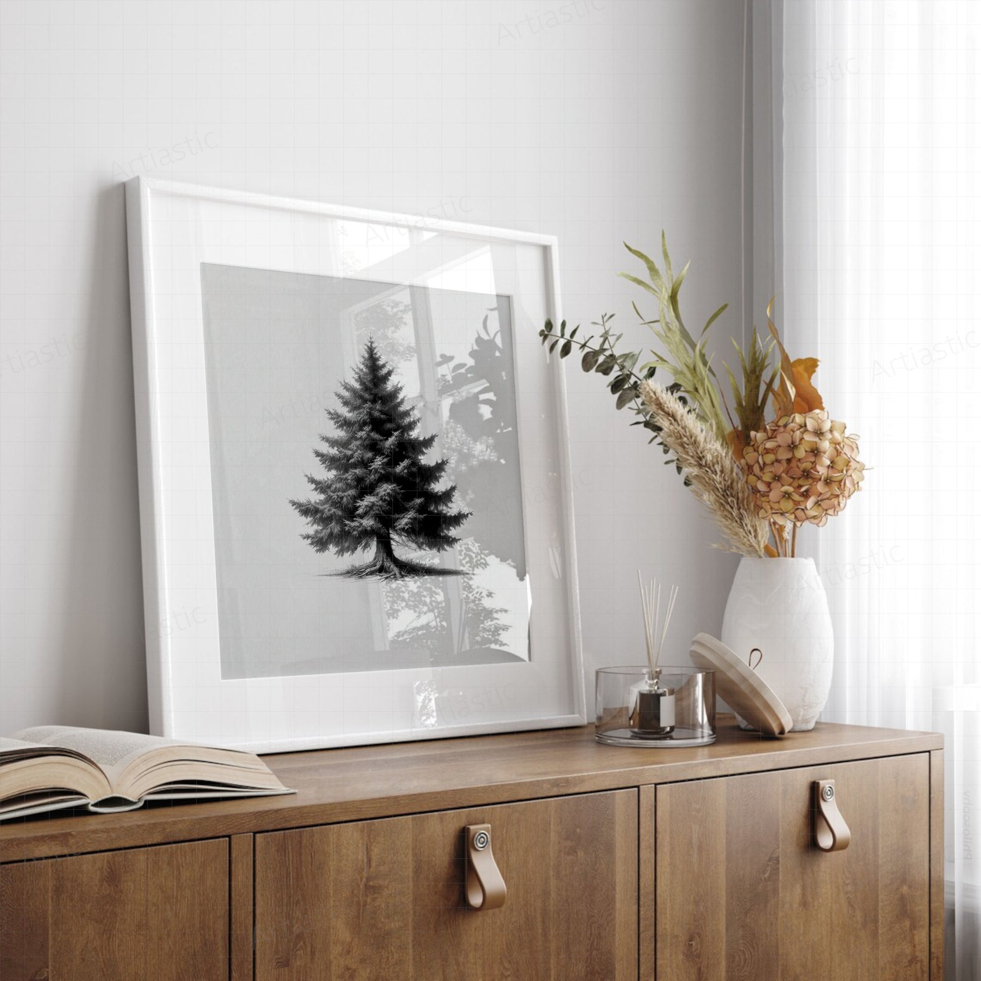 printable wall art of a spruce tree drawing