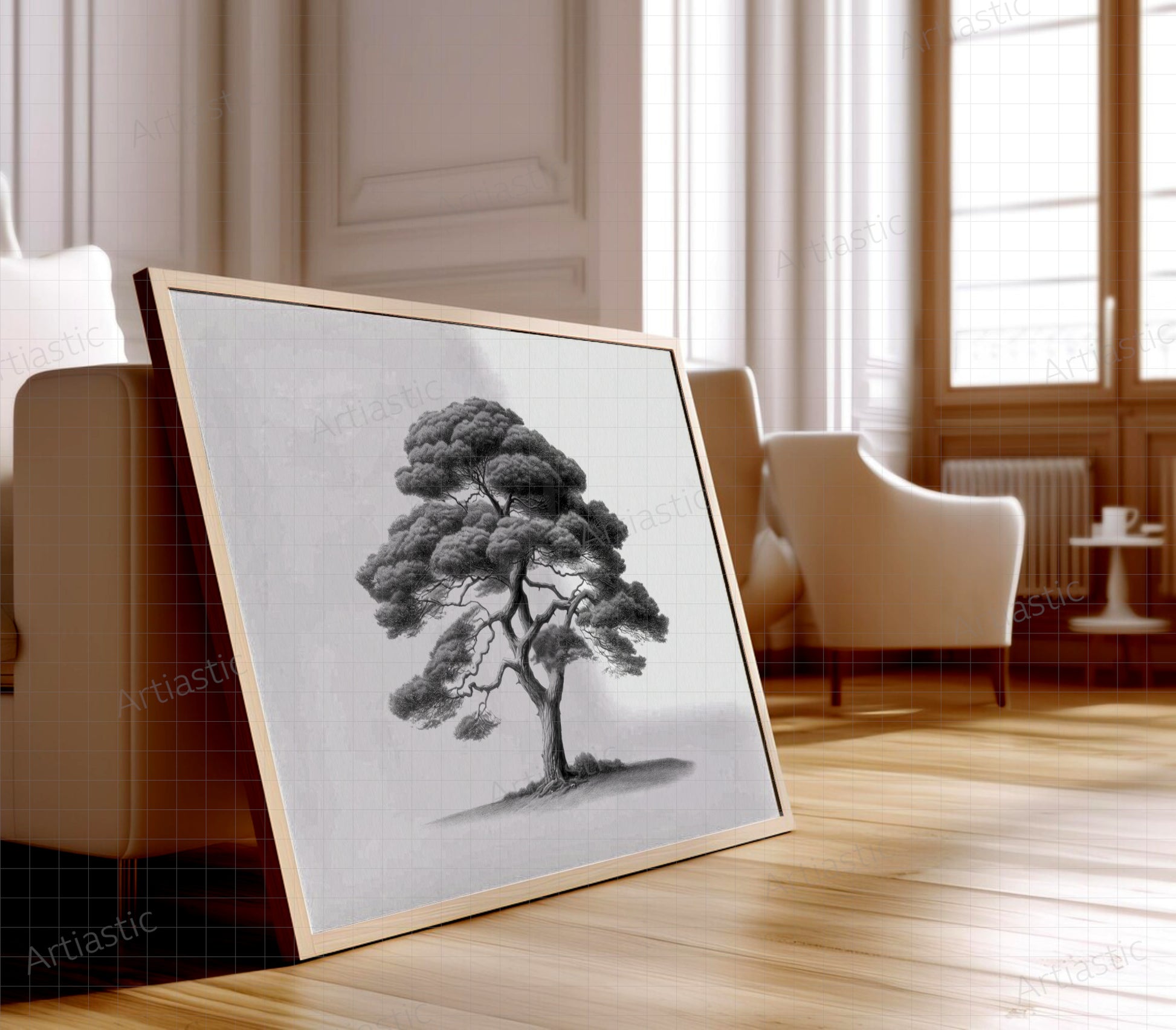 printable minimalist botanical  charcoal artwork of a pine framed