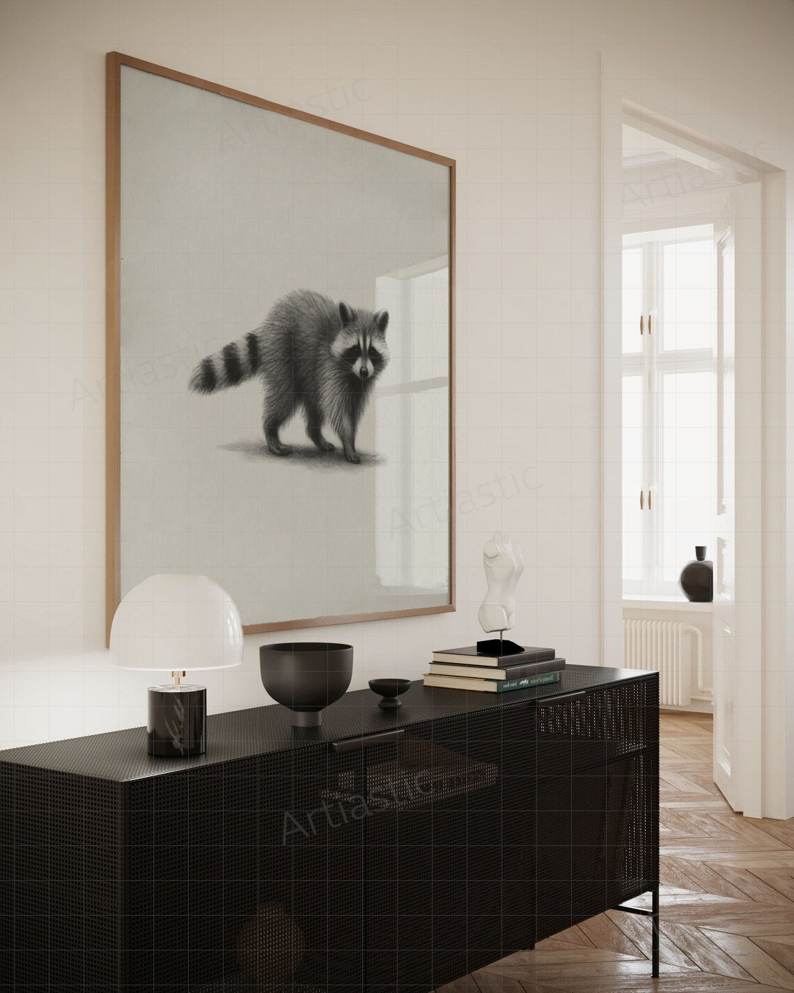 printable of a raccon charcoal wall art framed