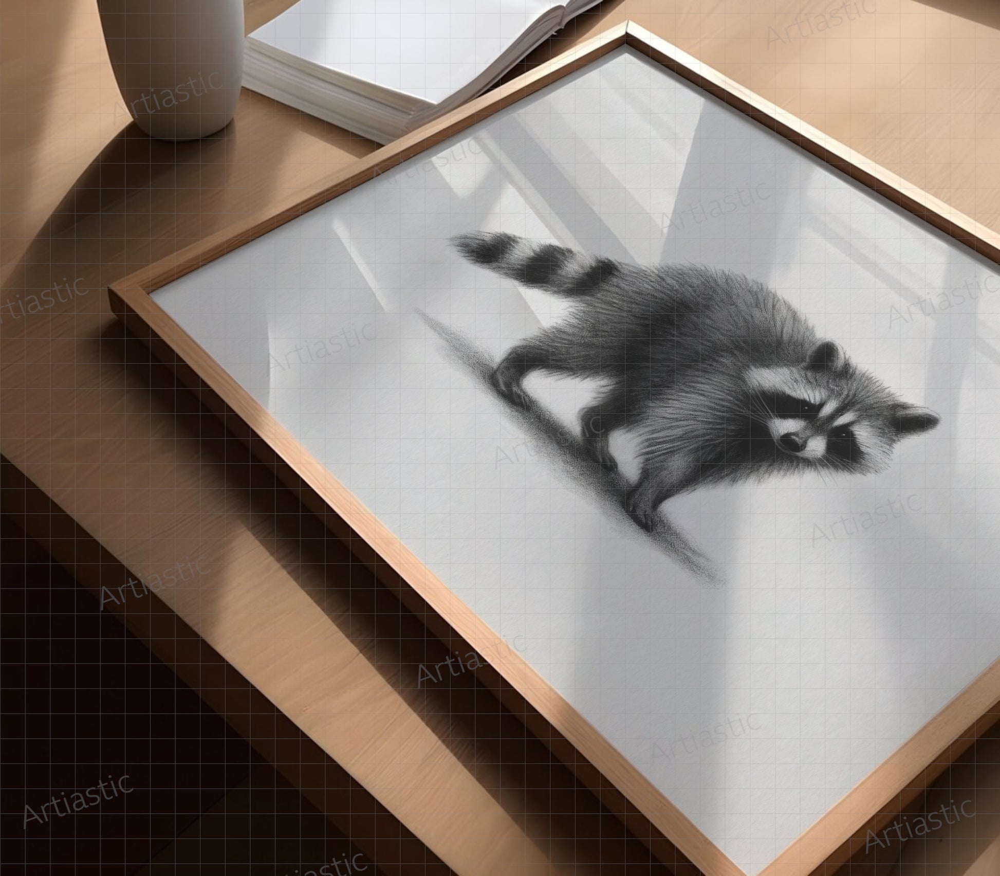 printable image of a raccon charcoal wall art