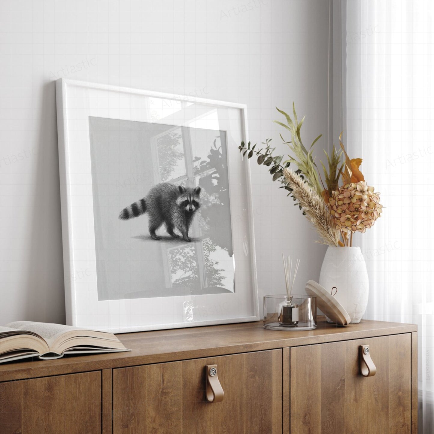 printable drawing of a raccon charcoal wall art