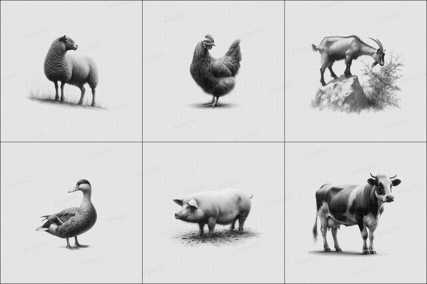 set of  printable drawings farm animals