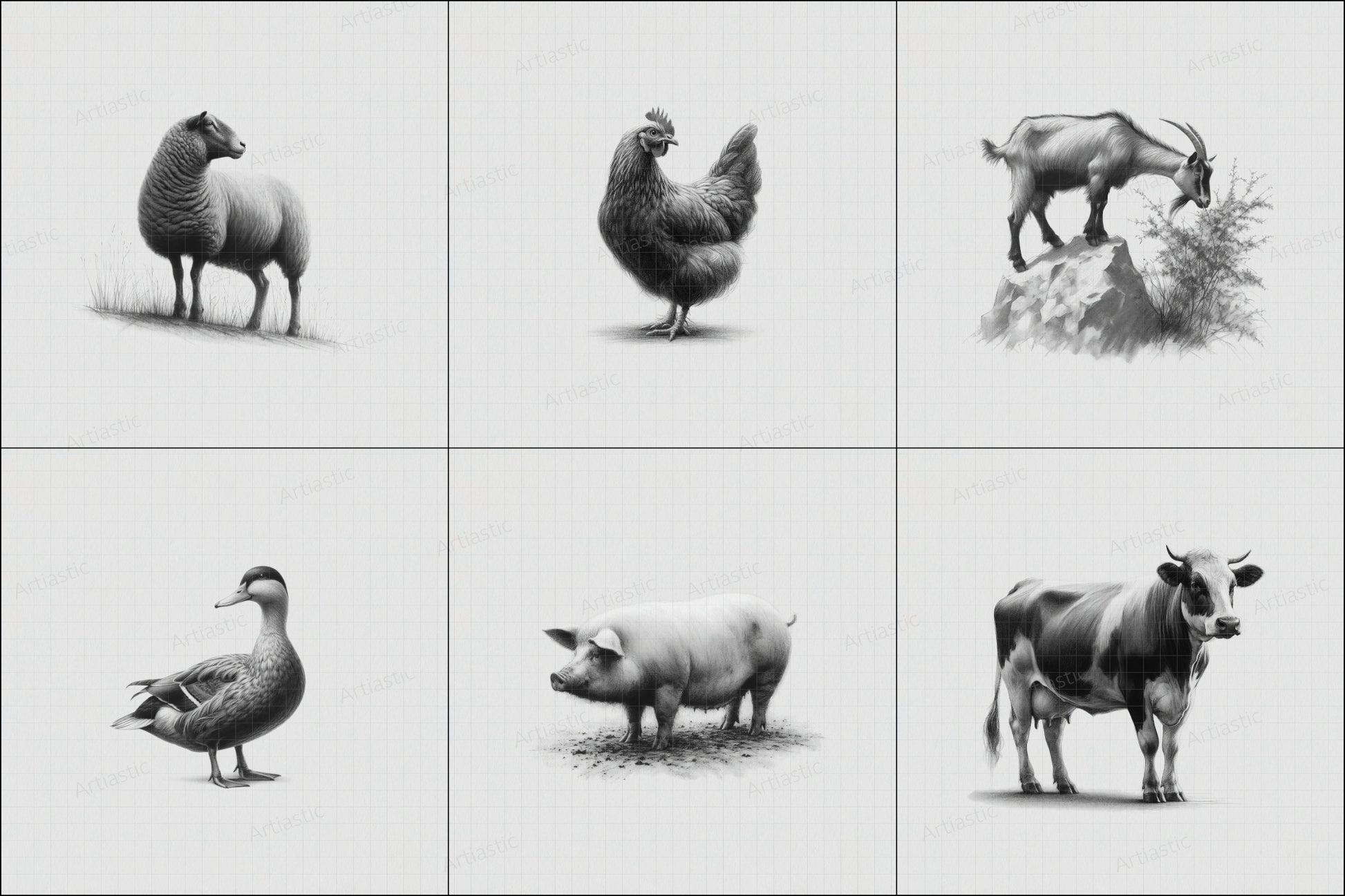 set of  printable drawings farm animals