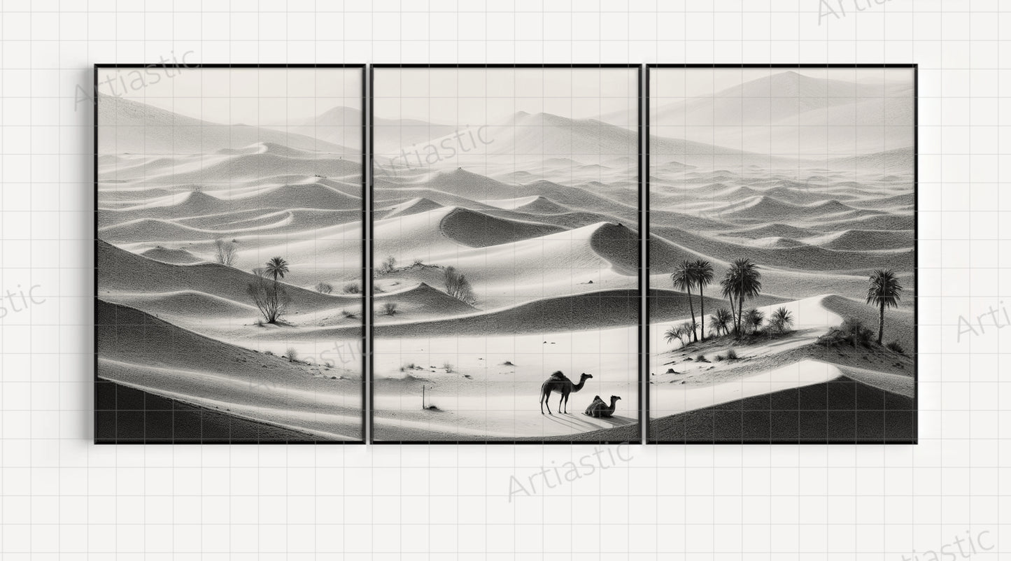 charcoal digital drawing of the sahara desert wall art set of 3