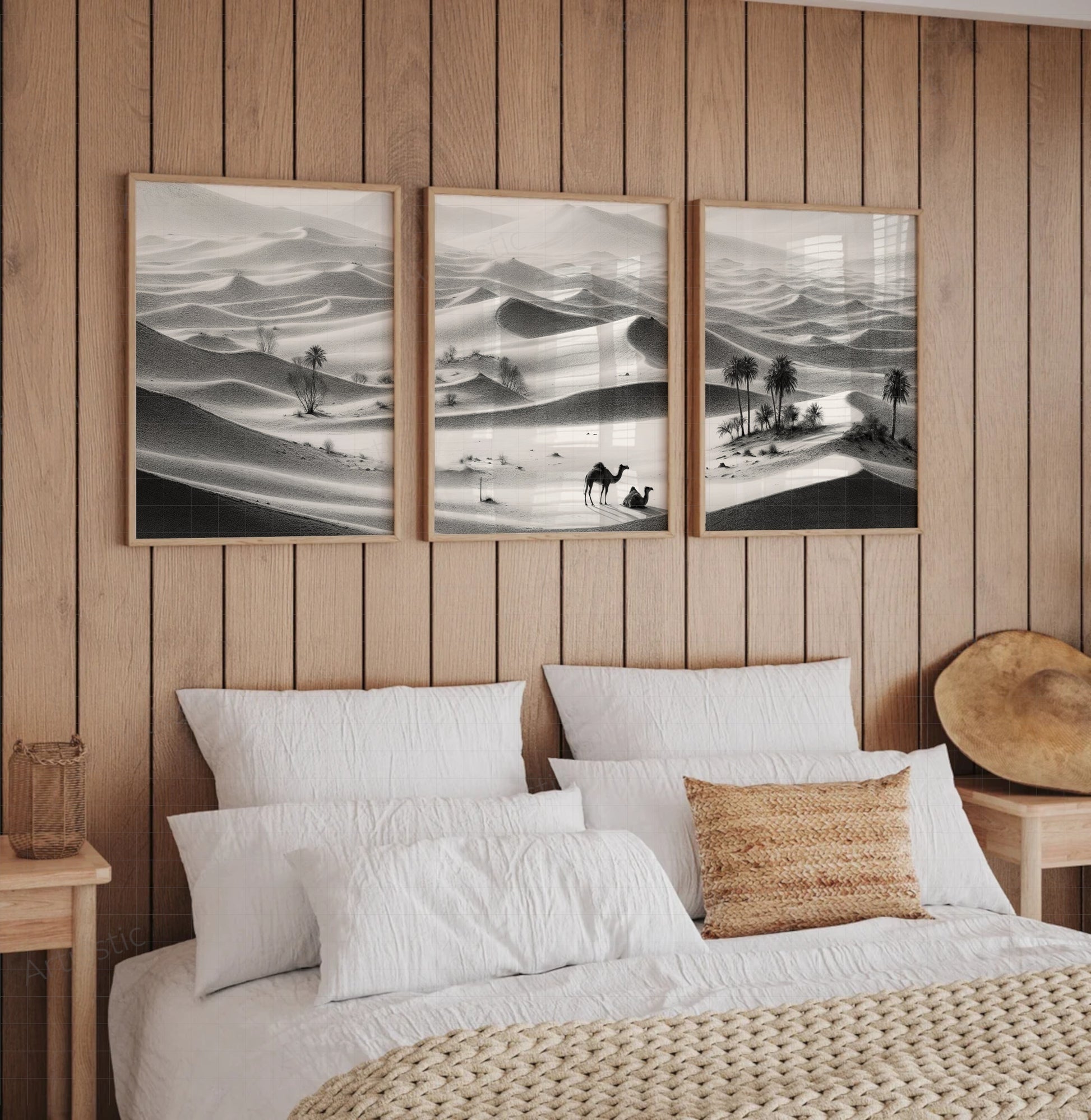 charcoal digital drawing of the sahara desert wall art set of three