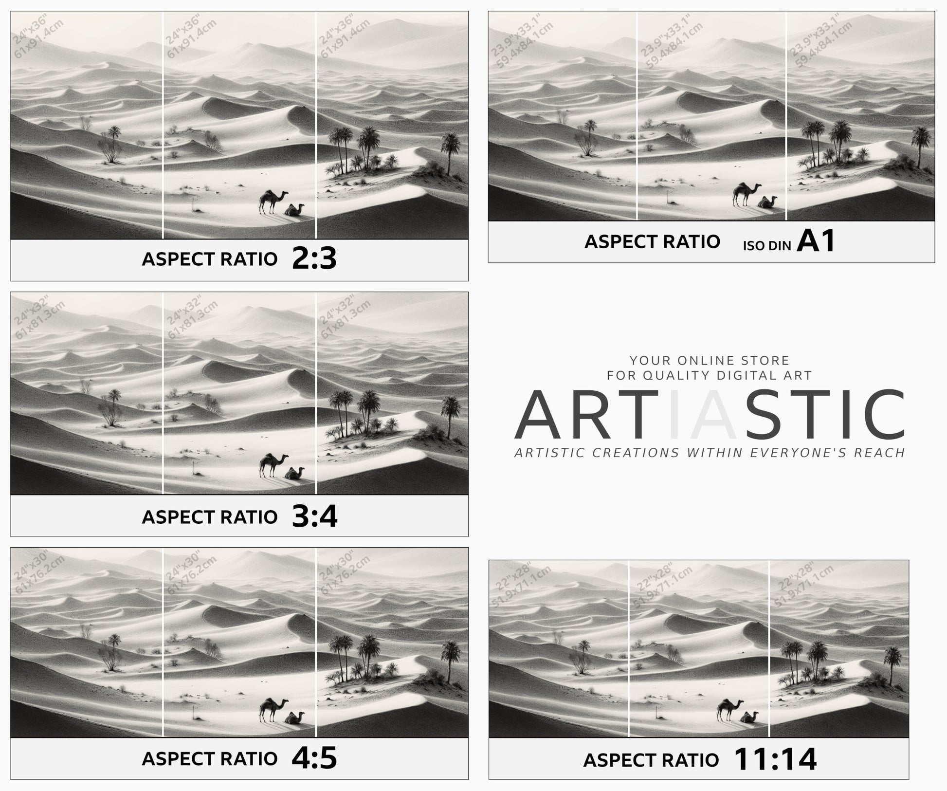 charcoal digital drawing of the sahara desert wall art set of 3 ratios