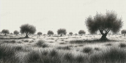 set of 3 drawings of mediterranean olive grove