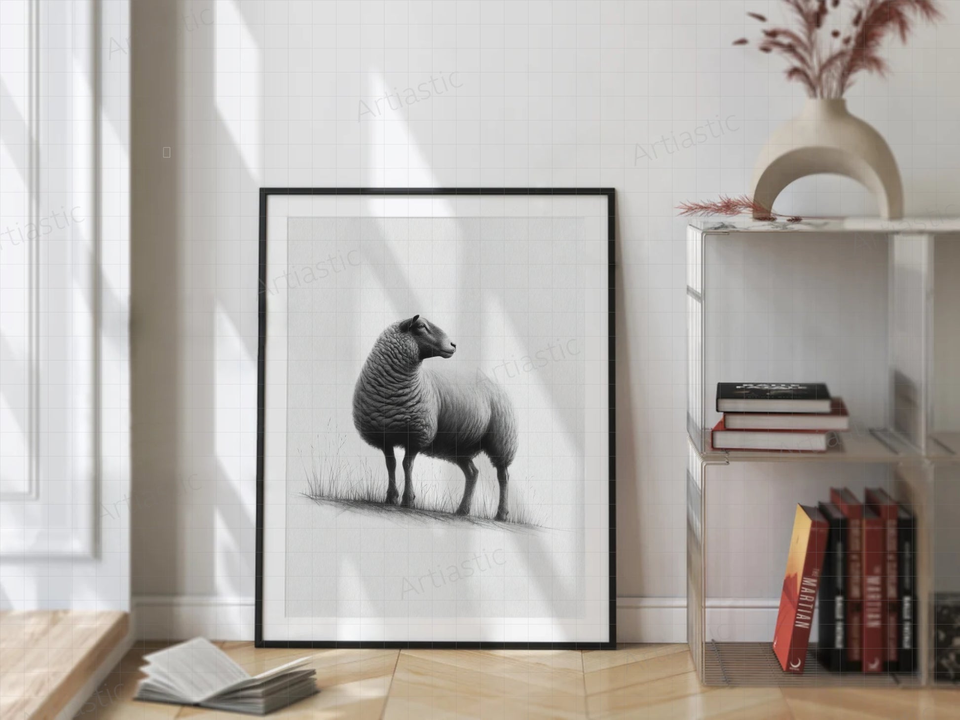 print drawing of a sheep farm animals art