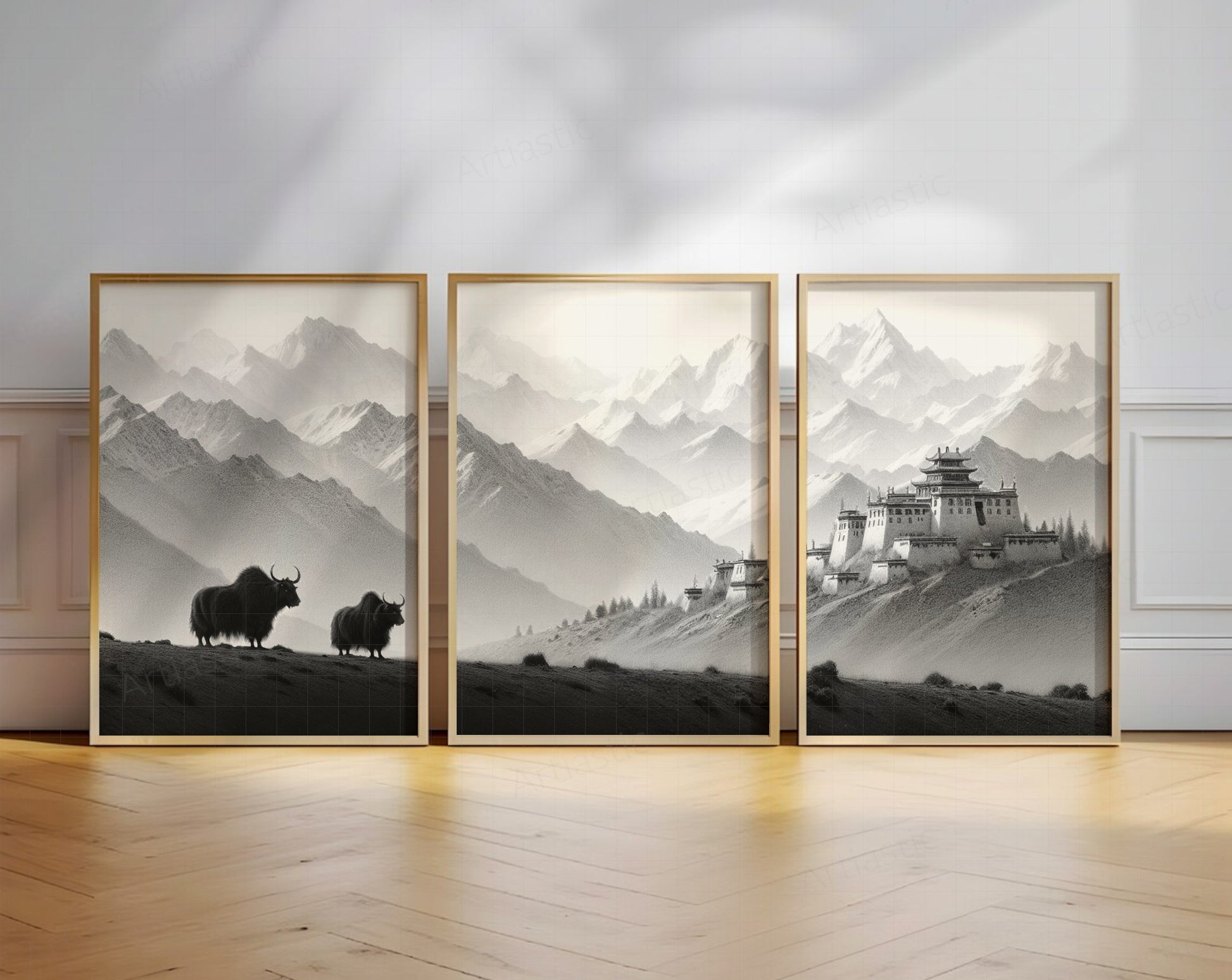 set of 3 digital drawings of a Tibet landscape wall art