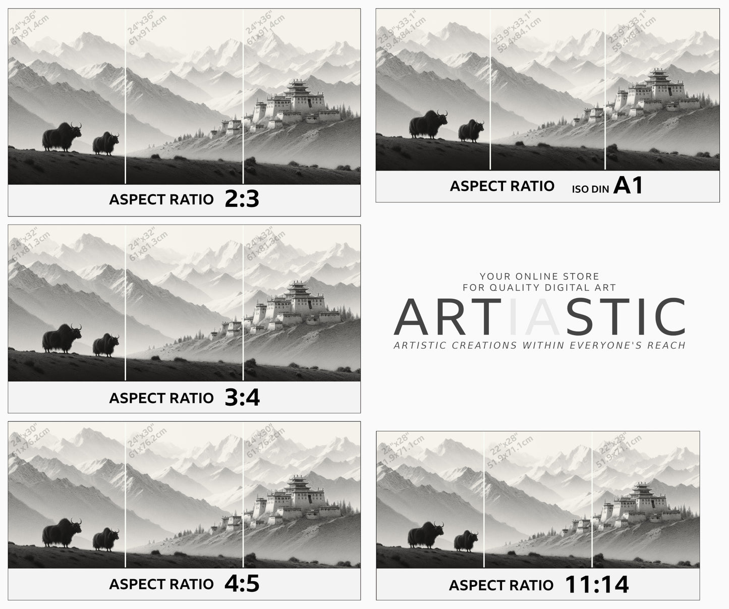 set of 3 digital drawings of a Tibet landscape ratios