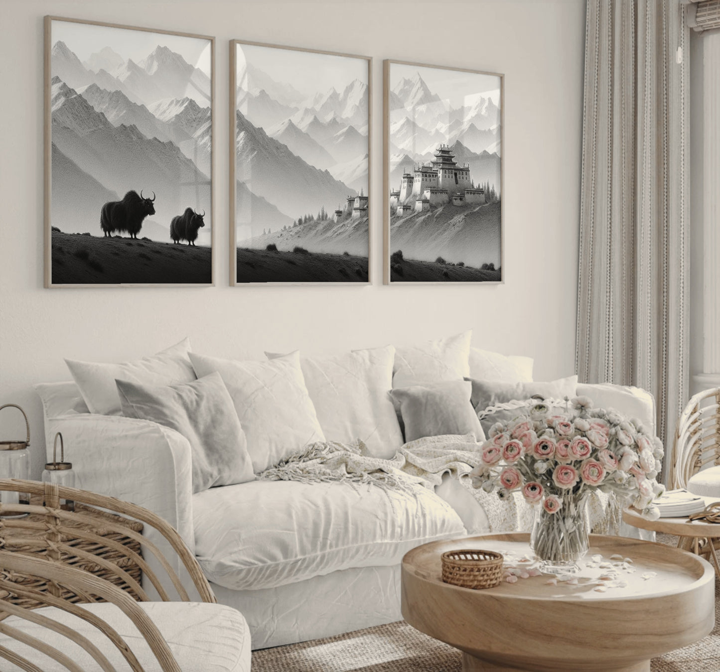 set of 3 digital drawings of a Tibet landscape decor