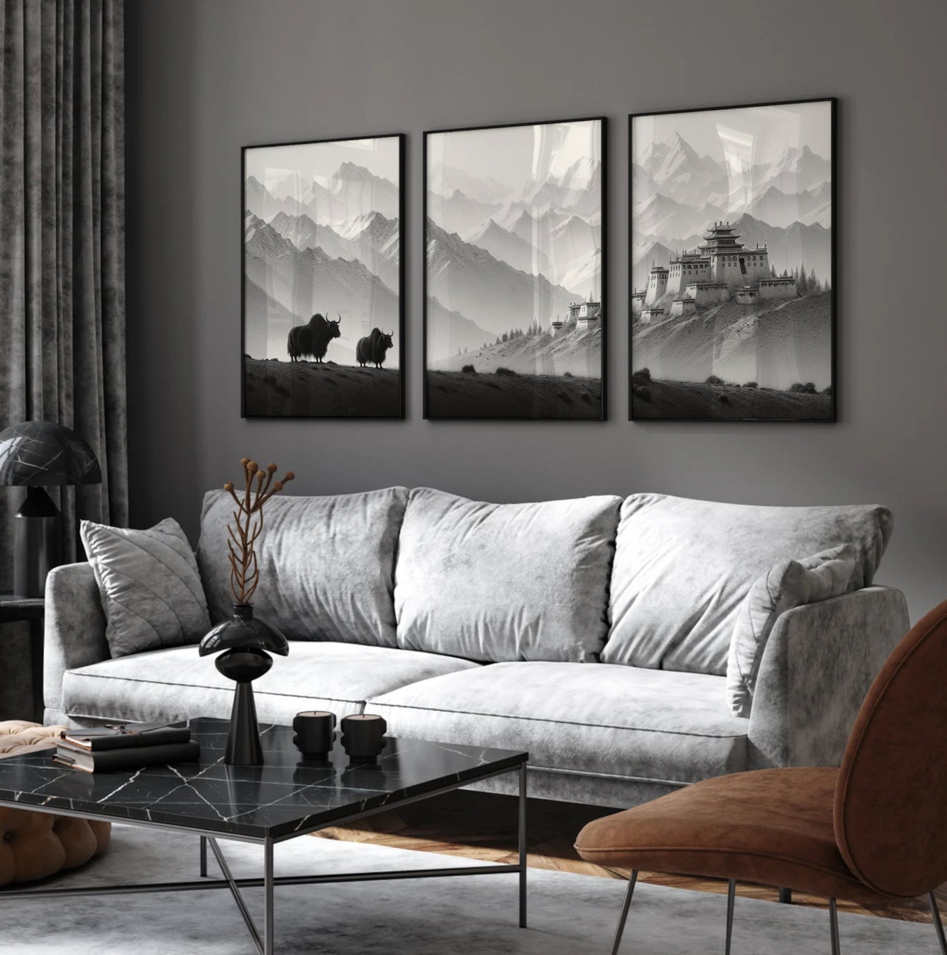 set of 3 digital drawings of a Tibet landscape wallart