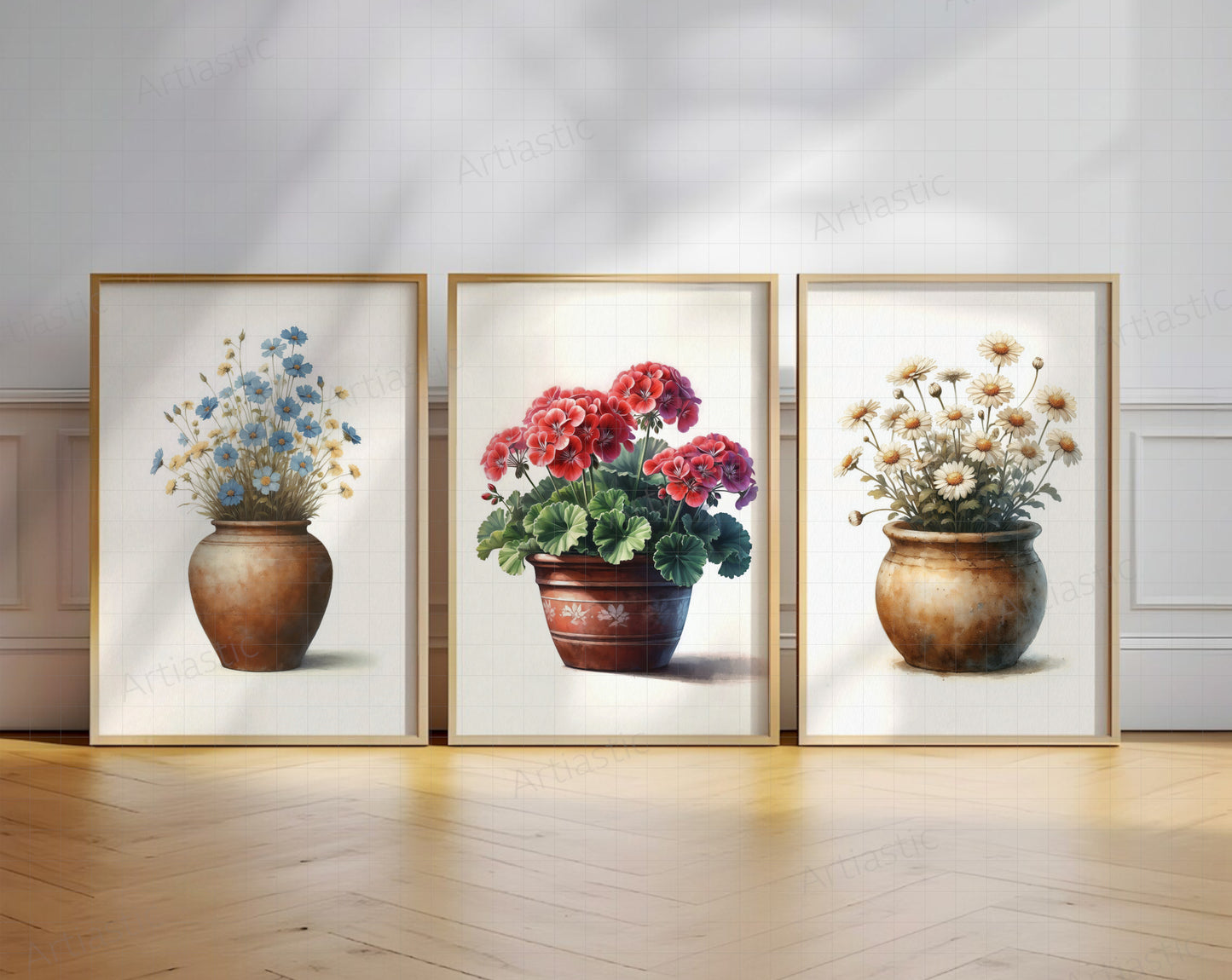 set of 3 floral art watercolor drawing